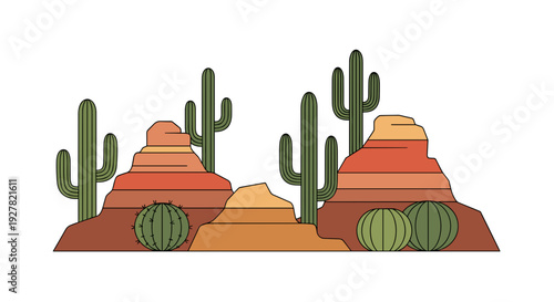 Desert Landscape with Cacti and Hills.