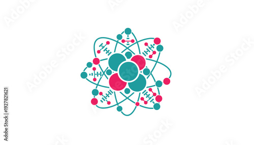 Vibrant atomic structure with teal and pink nodes on white background
