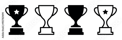 Trophy Cup Award Icon Set featuring a collection of flat-style championship trophies and winner cups, perfect for sports tournaments, achievement badges, and corporate recognition awards.