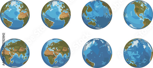 Set of detailed earth globe illustrations showing different world map views isolated on light background geographic planet vector collection for education