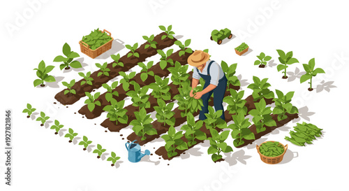 Farmer Tending to Plants in Garden.