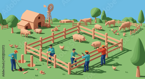 Farmers working with pigs on farm.