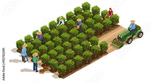 Farmers Working in Orchard with Tractor.