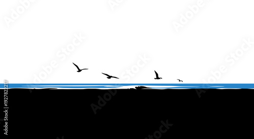 Seagulls Flying Over Ocean Waves Silhouette.