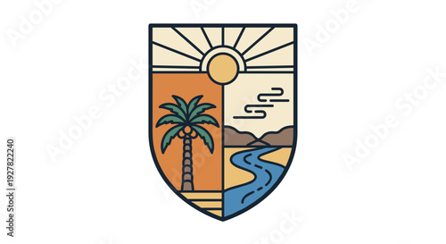 Stylized Shield Emblem with Palm Tree Landscape.