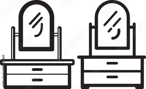 Two outline icons of vintage vanity dressers with mirrors, depicting furniture for bedrooms or dressing rooms, suggesting elegance and preparation.