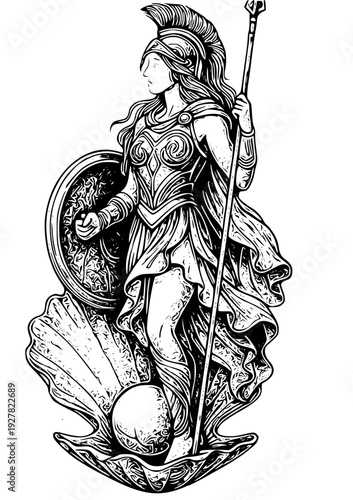 Mythical warrior woman in ancient armor standing strong