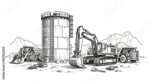 Excavator Demolishing Industrial Silo Structure.