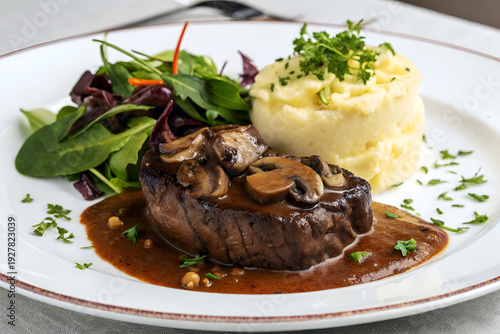 Braised Beef Dinner with Mushroom Gravy and Smooth Puree.