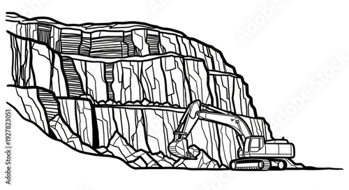Excavator Digging into Rocky Cliff.