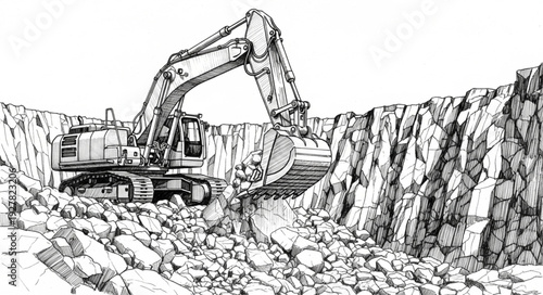 Excavator Digging into Rocky Terrain.