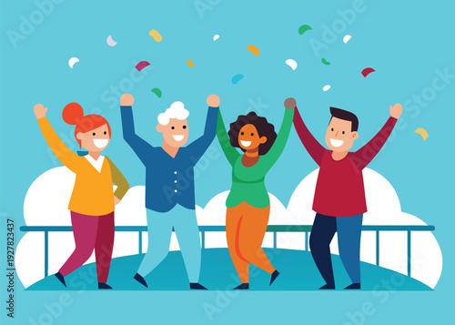 A cheerful group of diverse colleagues celebrates together while raising their hands with confetti.