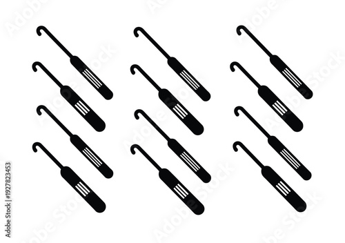 Crochet hook illustration set, featuring different size crochet hooks in black silhouette vector style for crafting, knitting, and DIY projects.