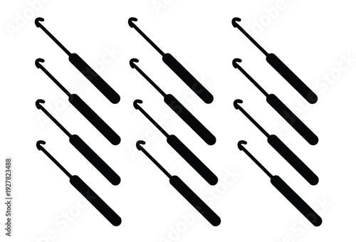 Crochet hook illustration set, showcasing a variety of crochet hook sizes in black silhouette, ideal for pattern guides, tutorials, and craft design.