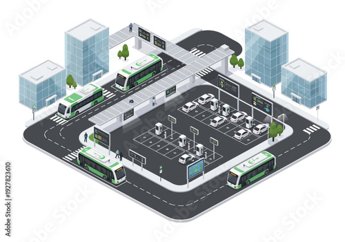 Futuristic eco-friendly public transport hub with electric buses and charging stations