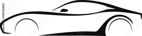 Abstract black outline sketch of a sleek modern sports car seen in profile on transparent background