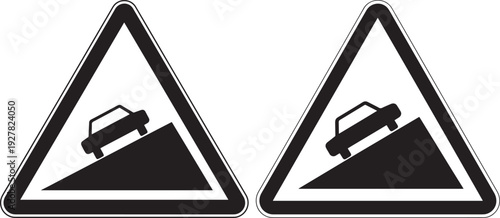 Two warning signs with cars on steep slopes, illustrating road safety, steep incline, decline, or driving hazards.