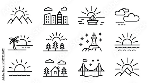 Sunrise sunset line icons featuring mountain range city skyline ocean waves beach palm trees forest lighthouse bridge and cabin, minimalist landscape scene collection, simple travel and nature environ