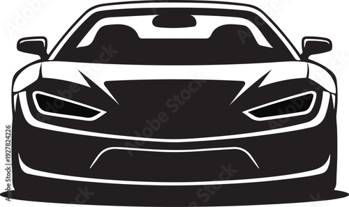 Front view silhouette of a modern luxury sports car with sharp angular headlights
