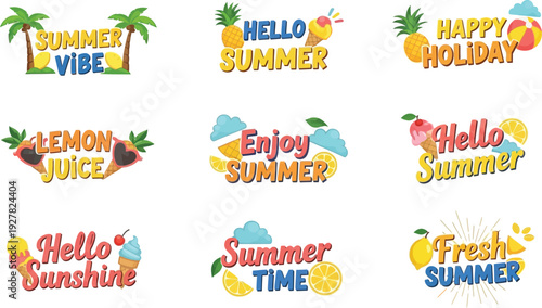 Summer vacation icon set. Includes hello summer, summer time, holiday, sunshine, lemon juice. Created in colorful style with bright palette.