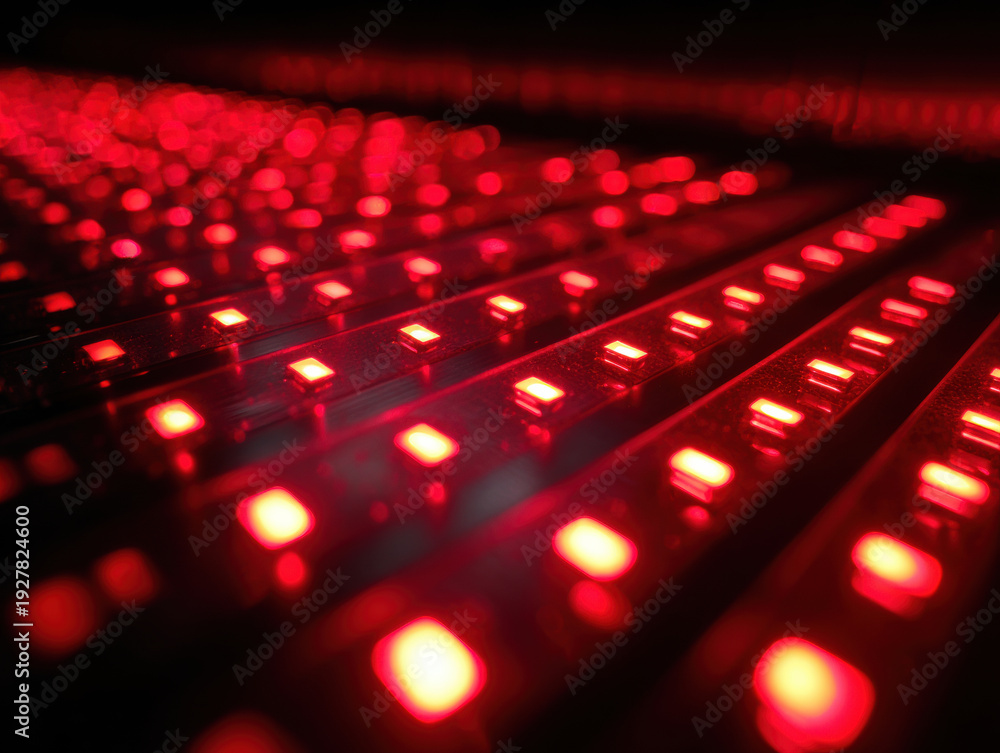 Obraz premium Futuristic red light therapy panel glowing in dark with repeating LED rows creating moody high contrast and shallow depth of field