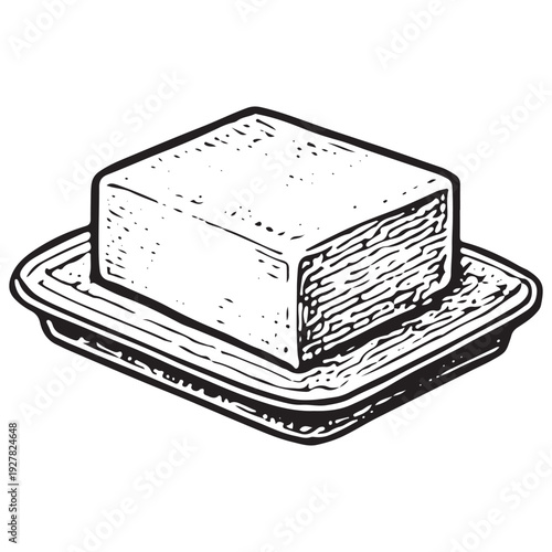 Vintage Butter Block on Plate Black White Line Art Engraving Isolated