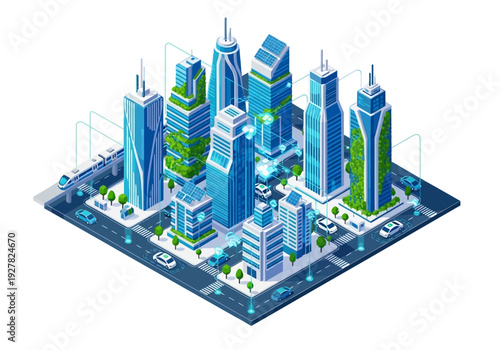 Futuristic Smart City with Sustainable Green Skyscrapers, Autonomous Vehicles, and Advanced Technology