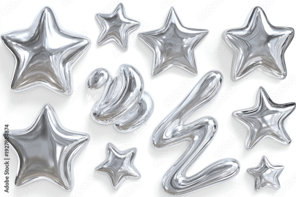 Obraz premium Overhead view of silvery, inflated star and abstract shaped objects on a white surface