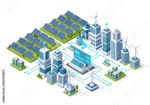 Smart city energy grid with solar panels and wind turbines for sustainable urban development