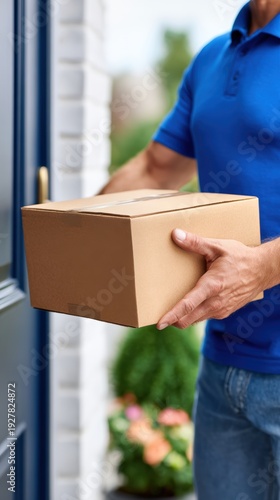 Male delivery person in blue shirt is holding a cardboard package at a residential front door with greenery and flowers visible in the background during a delivery