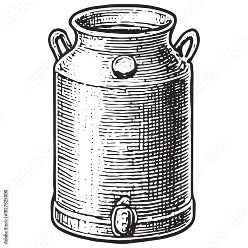 Vintage Milk Can Pail Black White Line Art Engraving Illustration Isolated