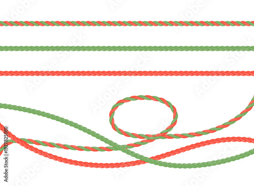 Ropes. Set of red and green 3D twisted threads. Realistic vector illustration on white background.