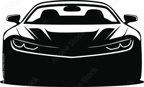 Sleek black sports car silhouette viewed from the front isolated on transparent background