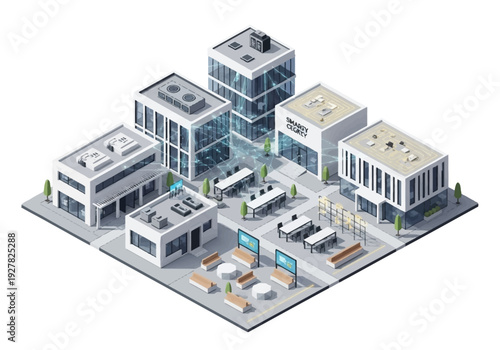 Isometric illustration of a modern business park with sleek office buildings and outdoor seating areas, conveying a sense of urban development and professional activity