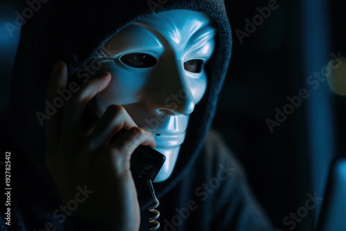 Masked scammer on phone in call center