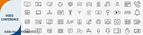 Video conference and online meeting icons set, outline symbols for virtual communication webinar remote work and digital collaboration vector illustration