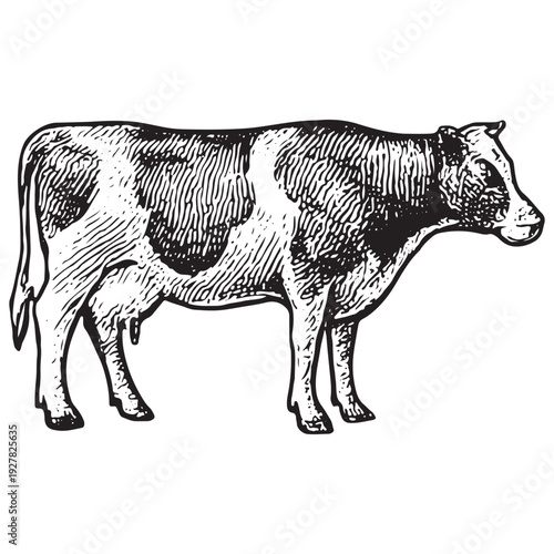 Vintage Standing Dairy Cow Black White Line Art Engraving Illustration Isolated