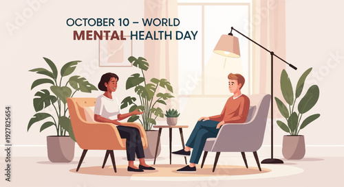 Two people talking in a therapy session on world mental health day in a cozy room with plants