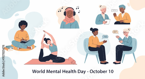 Diverse people practicing mindfulness and relaxation techniques for world mental health day promoting calmness and serenity in a colorful illustration