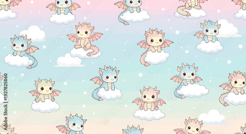 Fototapeta premium Cute Baby Dragons Seamless Pattern on Pastel Clouds Background