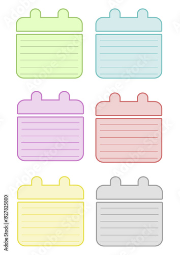 Set of pastel calendar sticky notes in soft green, blue, purple, pink, yellow and gray tones with horizontal lines. Cute minimal planner labels isolated on transparent background. 