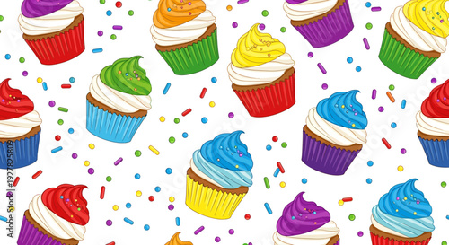 Colorful Cupcakes Seamless Pattern with Sprinkles - Sweet Treat Background