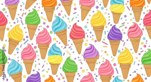 Colorful Ice Cream Cones Seamless Pattern, Summer Dessert Background