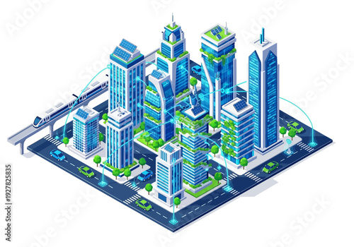 Smart City Isometric Illustration Futuristic Urban Landscape with Sustainable Technology and Transportation