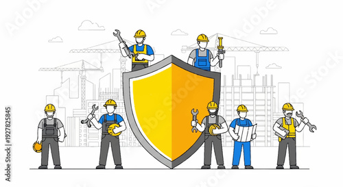 Construction workers standing behind a large yellow shield with tools hard hats and safety vests in a cityscape background with a blueprint design representing protection