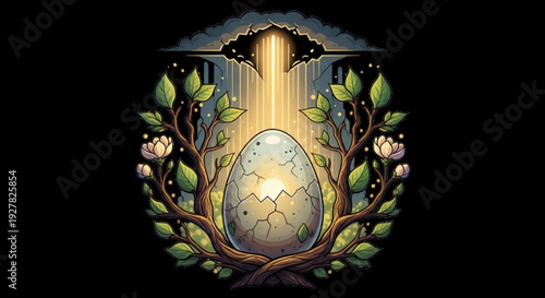 Cracked egg hatching with star inside surrounded by tree branches and flowers symbolizing new life and growth