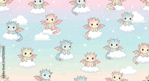 Cute Baby Dragons Seamless Pattern on Pastel Clouds Background