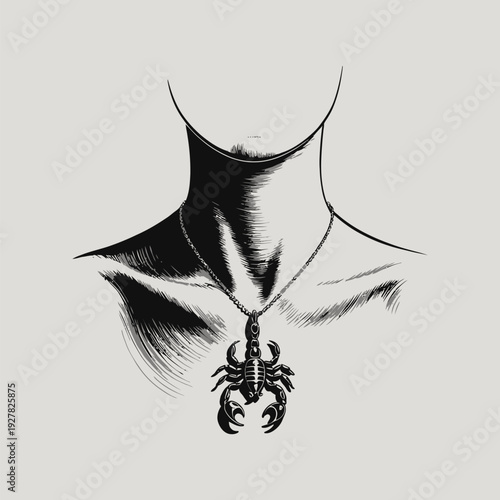 Scorpion Necklace on a Human Neck in Engraving Style