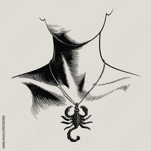 Hand-Drawn Scorpion Pendant Necklace on a Stylized Neck