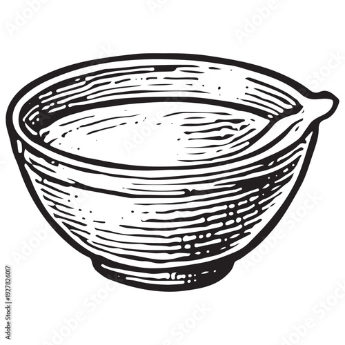 Vintage Milk Bowl Spoon Black White Line Art Engraving Illustration Isolated